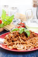 Spaghetti bolognese with cheese and basil