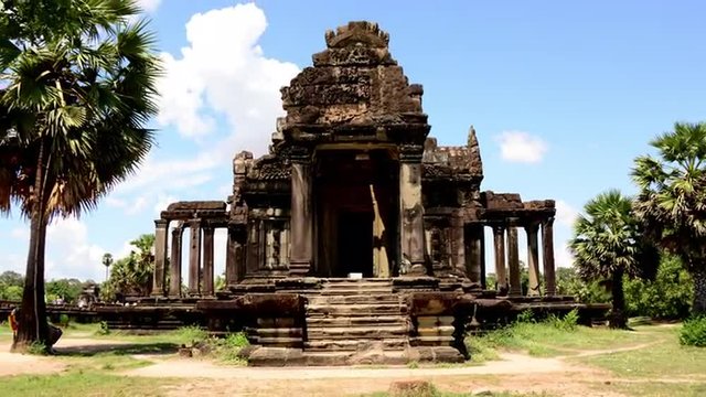 Zoom Out Time Lapse of Small Side Temple in Main Temple Complex - Angkor Wat Temple Cambodia