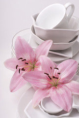 Dishware and lilies