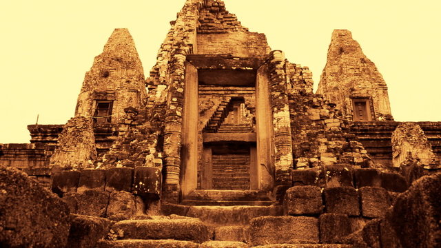 Zoom Out of Stone Temple Remains - Angkor Wat Temple Cambodia