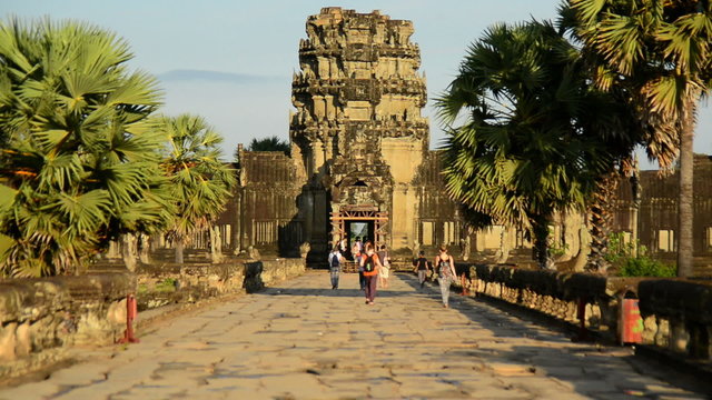 Zoom Out - Tourists Walking at the Main Temple - Angkor Wat, Cambodia