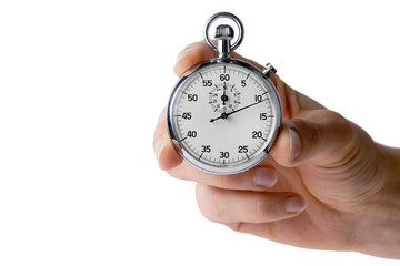 stopwatch hold with three fingers, white background