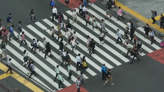 Busy Pedestrian Street Crossing From Above  - Shibuya, Tokyo Japan