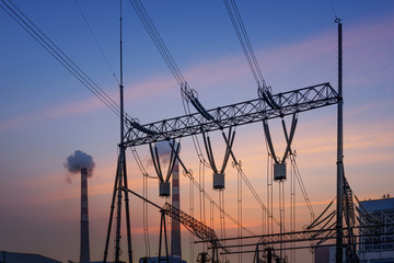 High Voltage electric substation with transformers