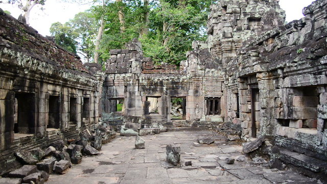 Zoom Out of Stone Ruins of Abandon Temple  - Angkor Wat Temple Cambodia