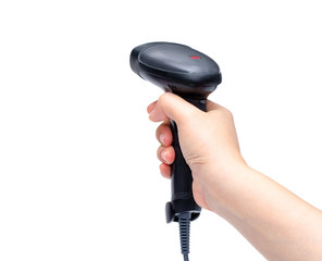 barcode scanner in woman's hand isolated on white background