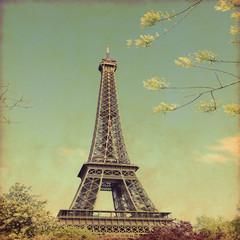 Old style photo of Eiffel Tower.