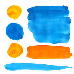 Blue and orange gouache paint stains and strokes. Bright vibrant