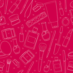 Pink makeup background with tools, brushes, mascara, cosmetics