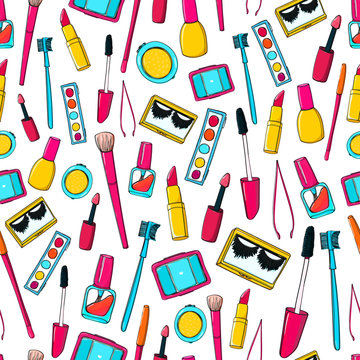 Seamless vector pattern with makeup tools, brushes, mascara