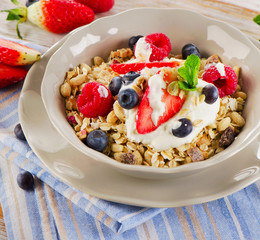 Breakfast with fresh berries, yogurt and  muesli.