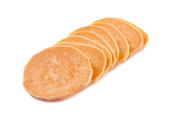 Chopped sweet potatoes on white