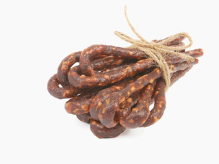 Bulgarian traditional sausage Bireni. Isolated on white