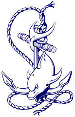 Naklejka premium dolphin around an anchor with a rope, an ancient symbol of the s