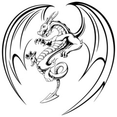 flying black dragon with wings tattoo, vector illustration