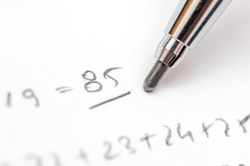 Fototapeta premium Resolving Algebra Equations Test On Paper With Pencil