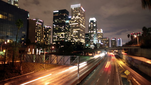 Time Lapse of Traffic in Downtown Los Angeles at Night