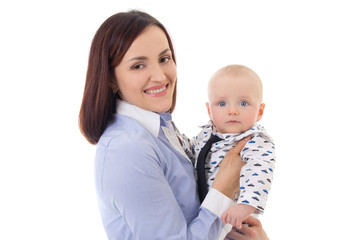 happy mother with her little son isolated on white