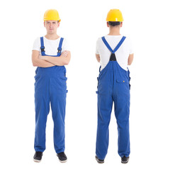 front and back view of young handsome man in blue builder unifor