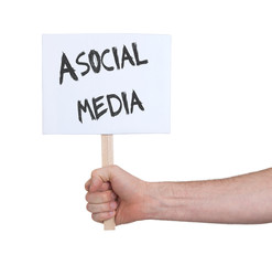 Hand holding sign, isolated on white