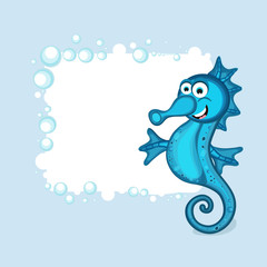 Funny cartoon of seahorse with blank frame.