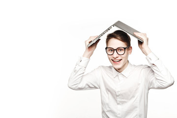 young man in glasses with laptop with emotion