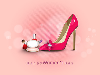 Pink ladies shoe with cosmetics for Women's Day celebration.