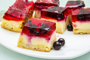 pieces of fresh cheesecake with berries on a white plate