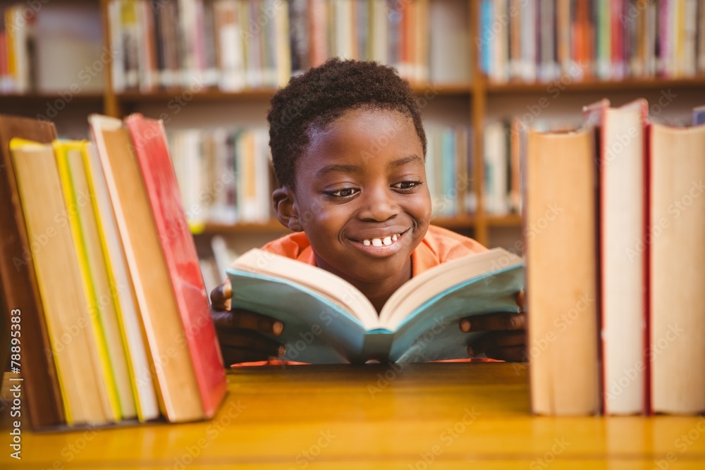 Wall mural Cute african american boy reading book in library