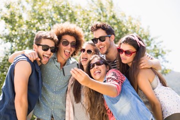 Happy friends in the park taking selfie