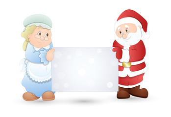 Old Santa and Old Woman Holding a Blank Board
