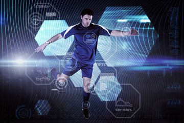 Composite image of football player in blue kicking