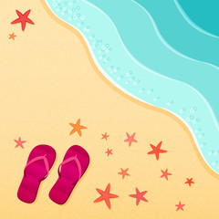 Flip flops on a sea beach with starfish shells.