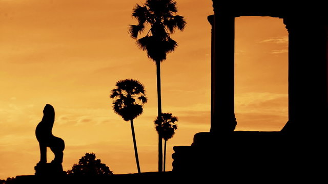 Zoom Out - Silhouette of Main Temple Entrance at Sunrise - Angkor Wat, Cambodia