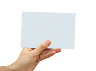 Hand holding a blank paper isolated on white background