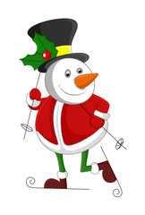 Snowman in Santa Dress Skiing