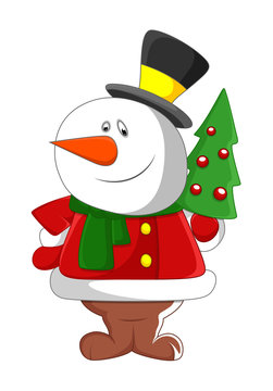 Cute Happy Snowman with Christmas Tree
