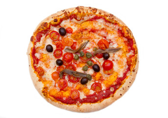 Pizza with anchovies and olives on white background top view