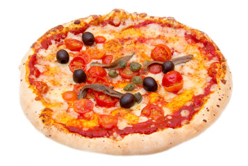 Pizza with anchovies and olives on white background