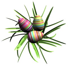 Drie gekleurde paaseitjes in het gras