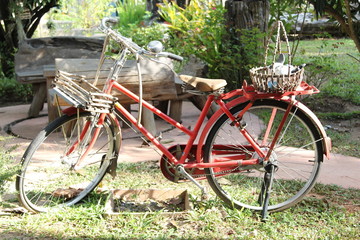 Fototapeta na wymiar Old red bicycle on green garden.