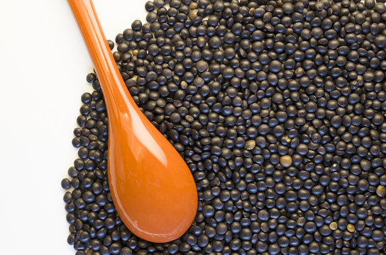 black lentils and small spoon close up