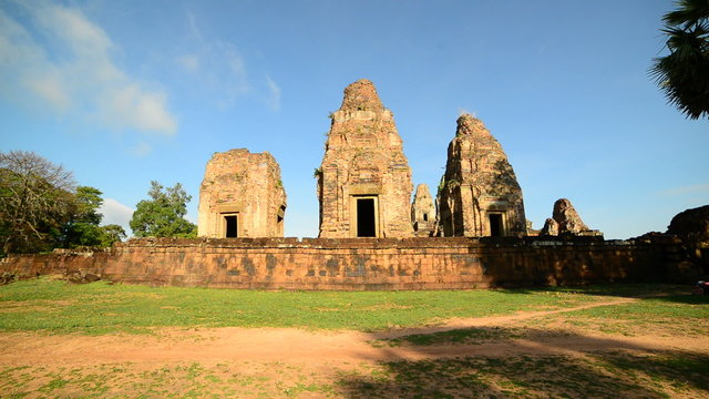 Zoom Out of Walled Temple in the Morning  - Angkor Wat Temple Cambodia