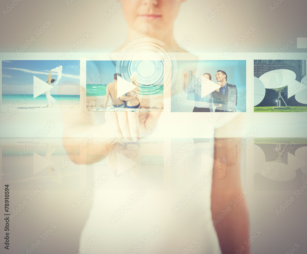 Wall mural woman pressing button on virtual screen