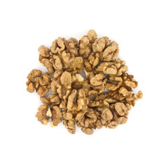 Pile of walnuts isolated on white background. Top view.