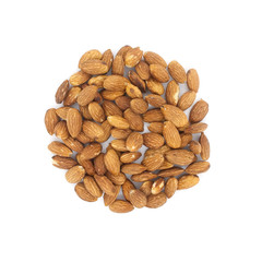 Pile of almonds isolated on white background. Top view.