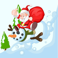 Happy Santa Claus Sliding on Snowman