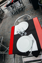 Cafe tables in French city of Lyon, France