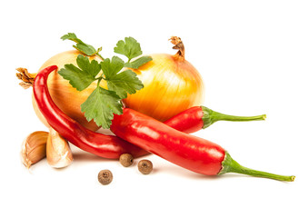 Onion and garlic clove isolated on white background