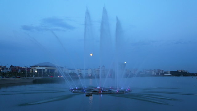 Fountain on the lake Kaban at night in Kazan, Tatarstan, Russia 